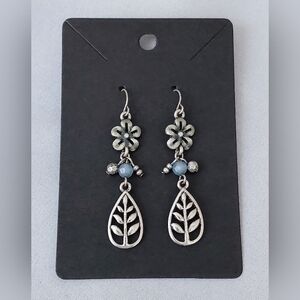 Silver Floral & Blue Bead Drop Earrings